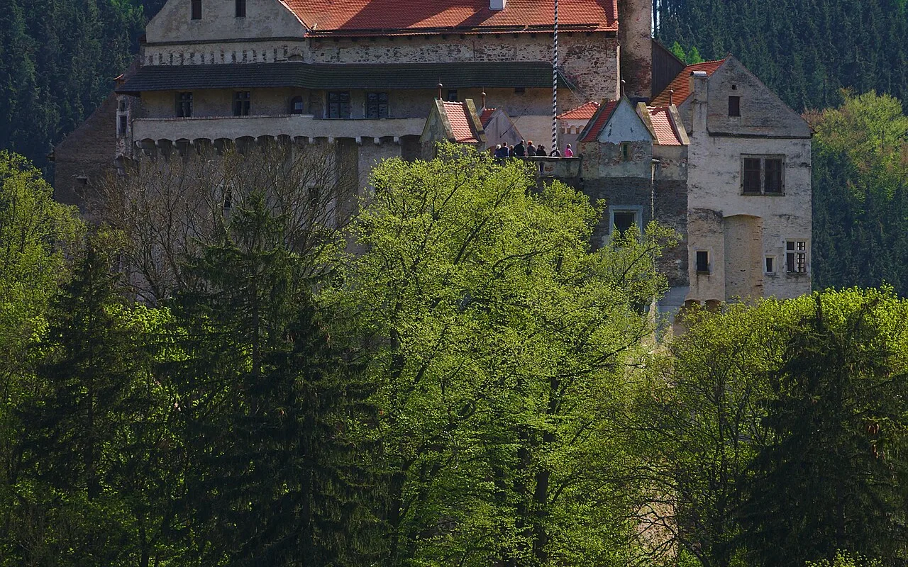 Die hellen Türme von Pernštejn von unten gesehen, die sich über dem bewaldeten Svratka-Tal erheben